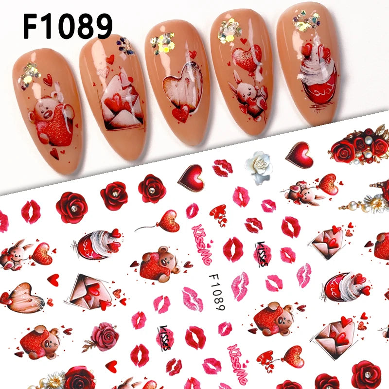 1PCS Valentine's Day Nail Stickers Cartoon Love Nail Supplies Nail Decals for Ladies Nail Art Decoration