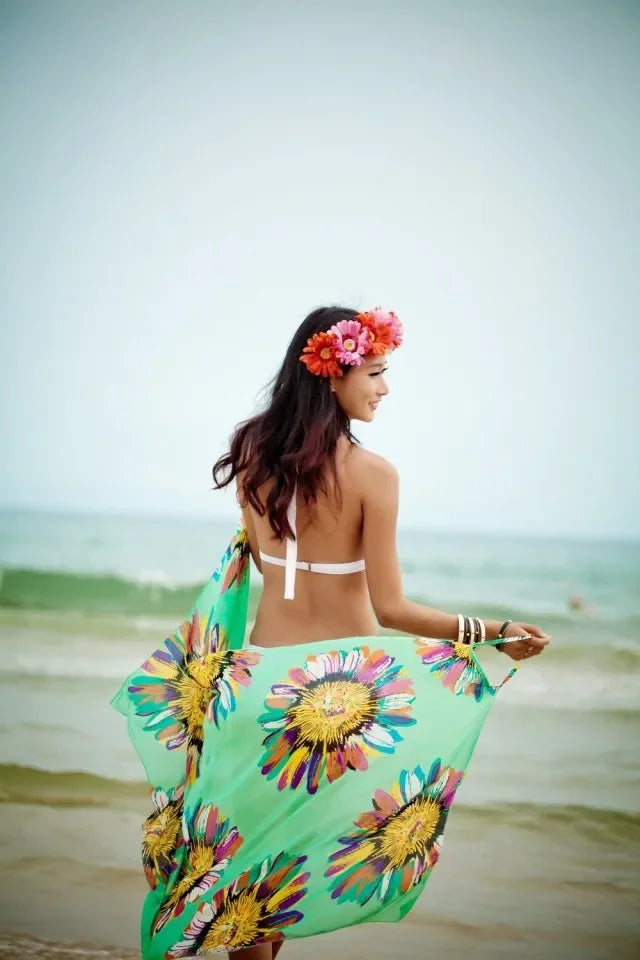 Printed Cover-ups Sexy Beach Dress Women Halter Sling Chiffon Beach Towel Bikini Wrap Pareo Skirts Open-Back Swimwear