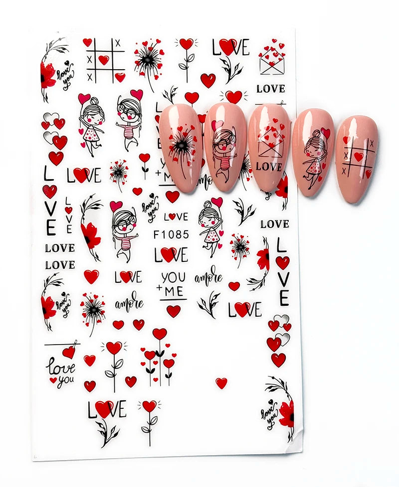 1PCS Valentine's Day Nail Stickers Cartoon Love Nail Supplies Nail Decals for Ladies Nail Art Decoration