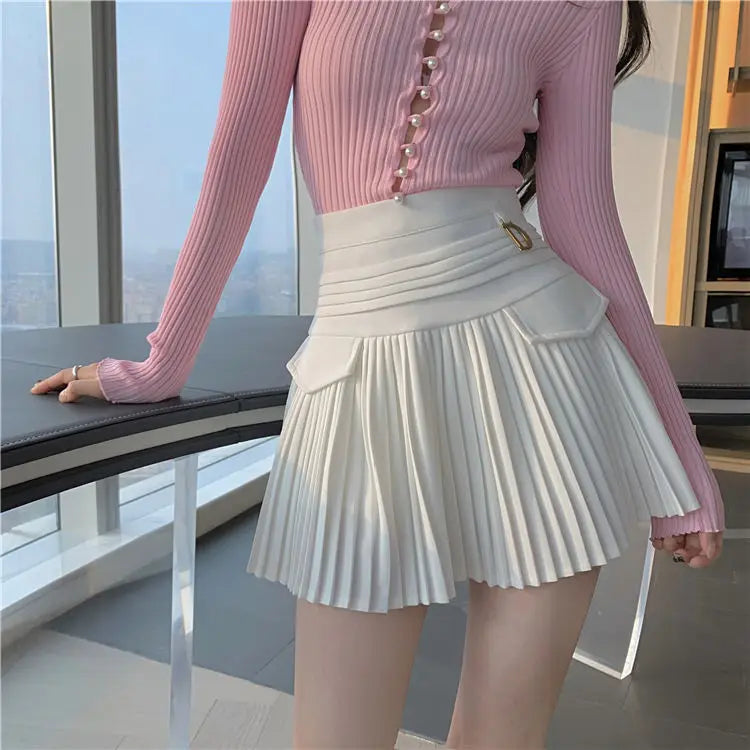 White Pleated Skirt Women  High Waist Skater Skirt Female Korean A-Line High Fashion Casual Short Skirt Women Bottoms