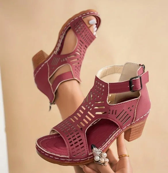 Thick Heeled Sandals Summer Breathable Hollow Out Sandals for Women Retro High Heels Roman Sandalias