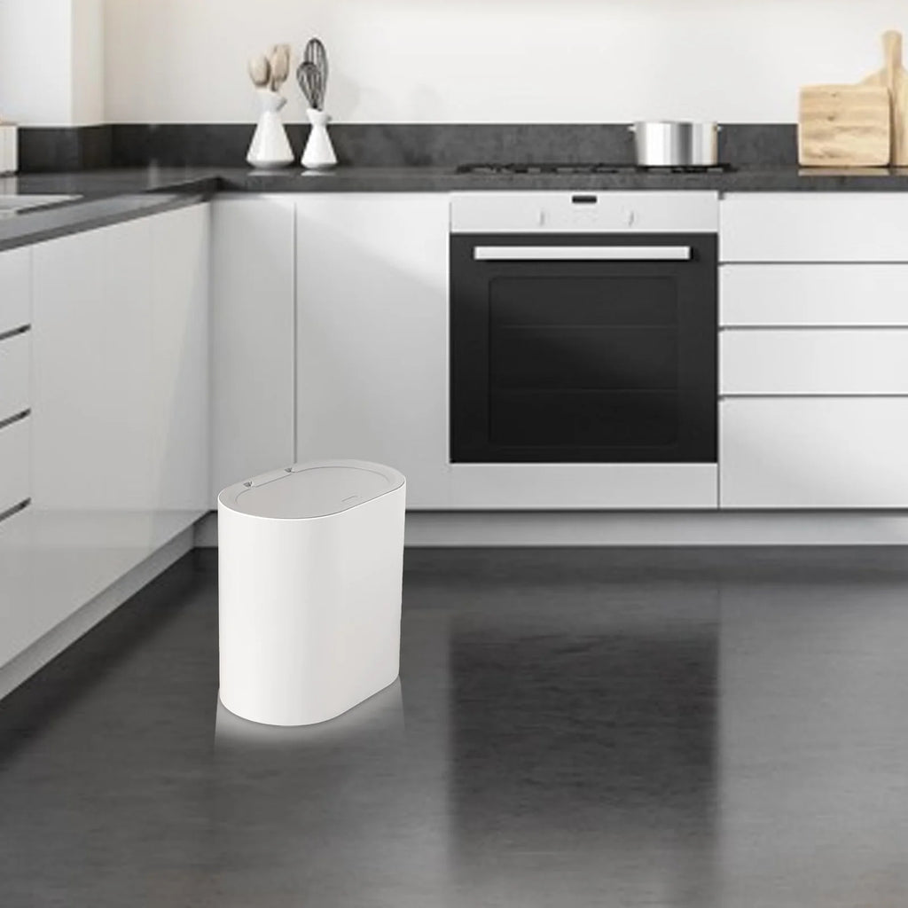 Press Top Trash Can with Lid, Slim Waste Basket for Bathroom Kitchen, Compact Office Living Room Garbage Bin
