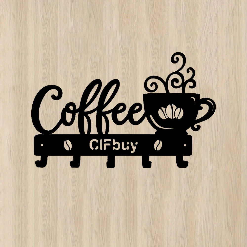 Coffee Bar Decor Rustic Metal Wall Art with Coffee Mug Sign and Hooks