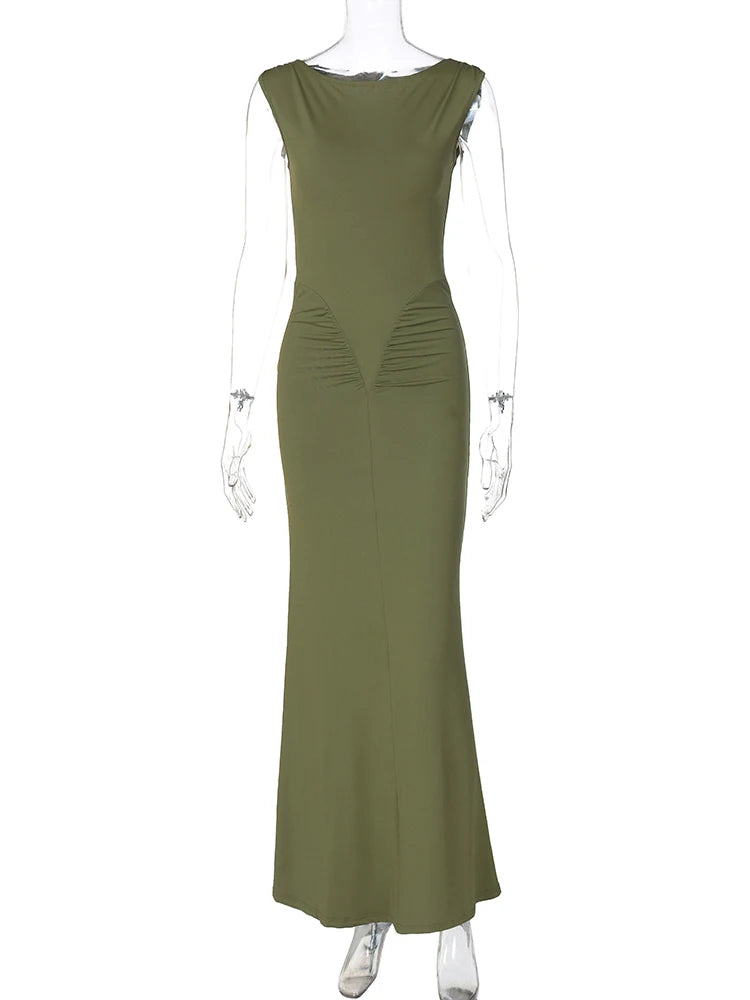Dulzura Elegant Long Dress Ruched Bodycon Sleeveless Solid Dresses Lady Cocktail Party Wedding Guest Formal Women Clothes 2024