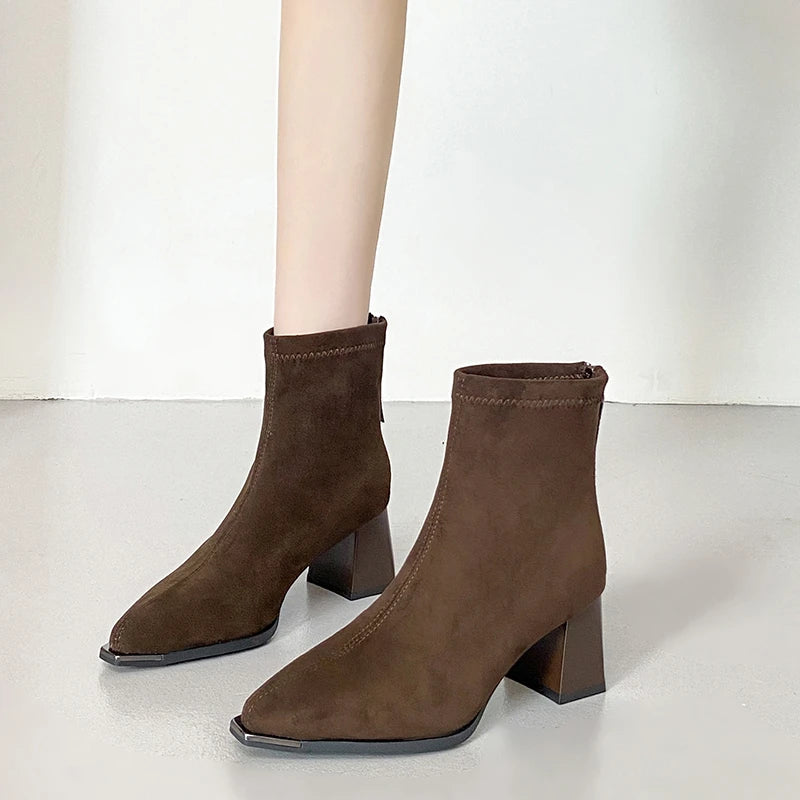 Autumn Winter Suede Women Ankle Boots Sexy Thick High Heels Pointed Toe Shoes Modern Short Botas Para Mujer