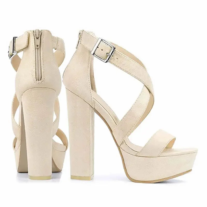 Women Sandals Open Toe Thick High Heels Chunky Cross Strap Buckle Platform Pumps Dress Party Wedding Shoes