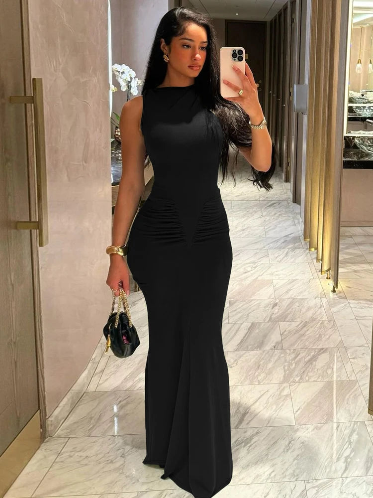 Dulzura Elegant Long Dress Ruched Bodycon Sleeveless Solid Dresses Lady Cocktail Party Wedding Guest Formal Women Clothes 2024