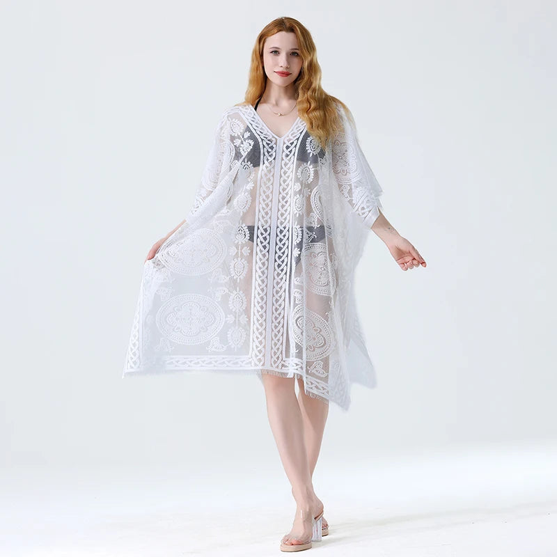 Swim Cover Up Lace White Beach Dress Sexy Long Cover up Woman Swimwear Bikini Tunic Long Pareos Robe Beachwear Outfit