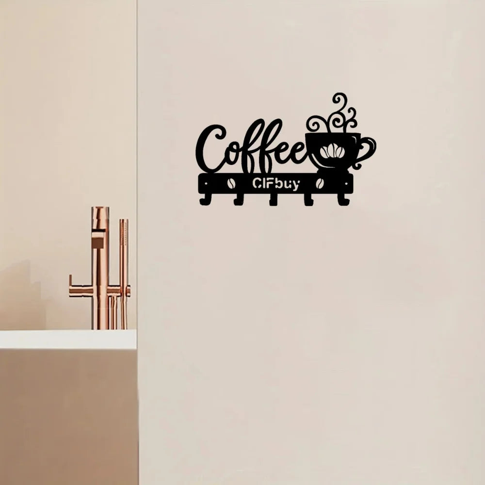 Coffee Bar Decor Rustic Metal Wall Art with Coffee Mug Sign and Hooks