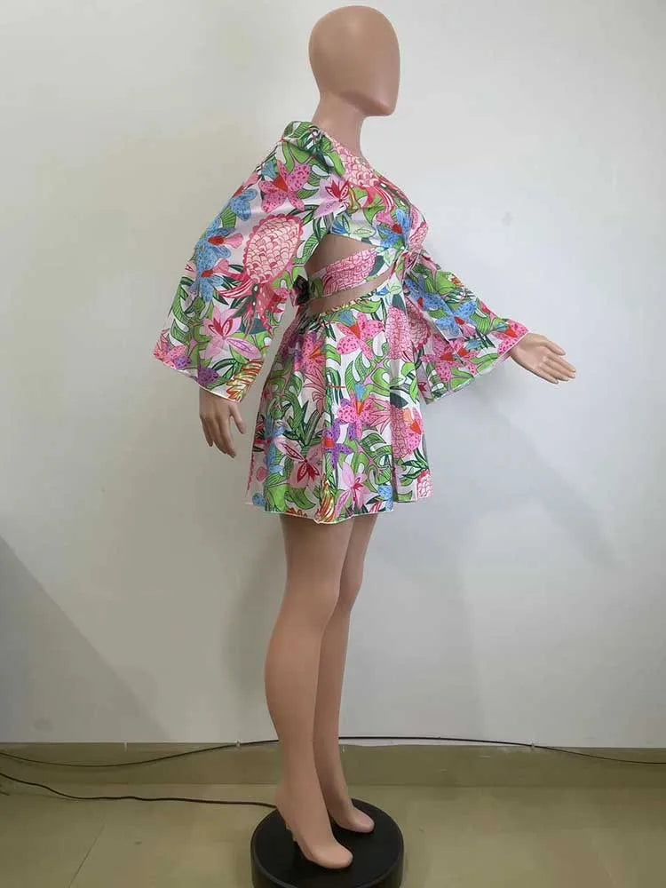 Women Sexy Outfits Skirt Sets with Top Lace-up Flare Sleeves Nightclub Wear with Flower Print Two Piece Sets Skirt and Crop Top