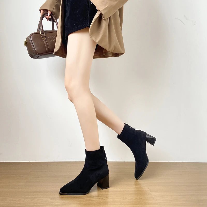 Autumn Winter Suede Women Ankle Boots Sexy Thick High Heels Pointed Toe Shoes Modern Short Botas Para Mujer