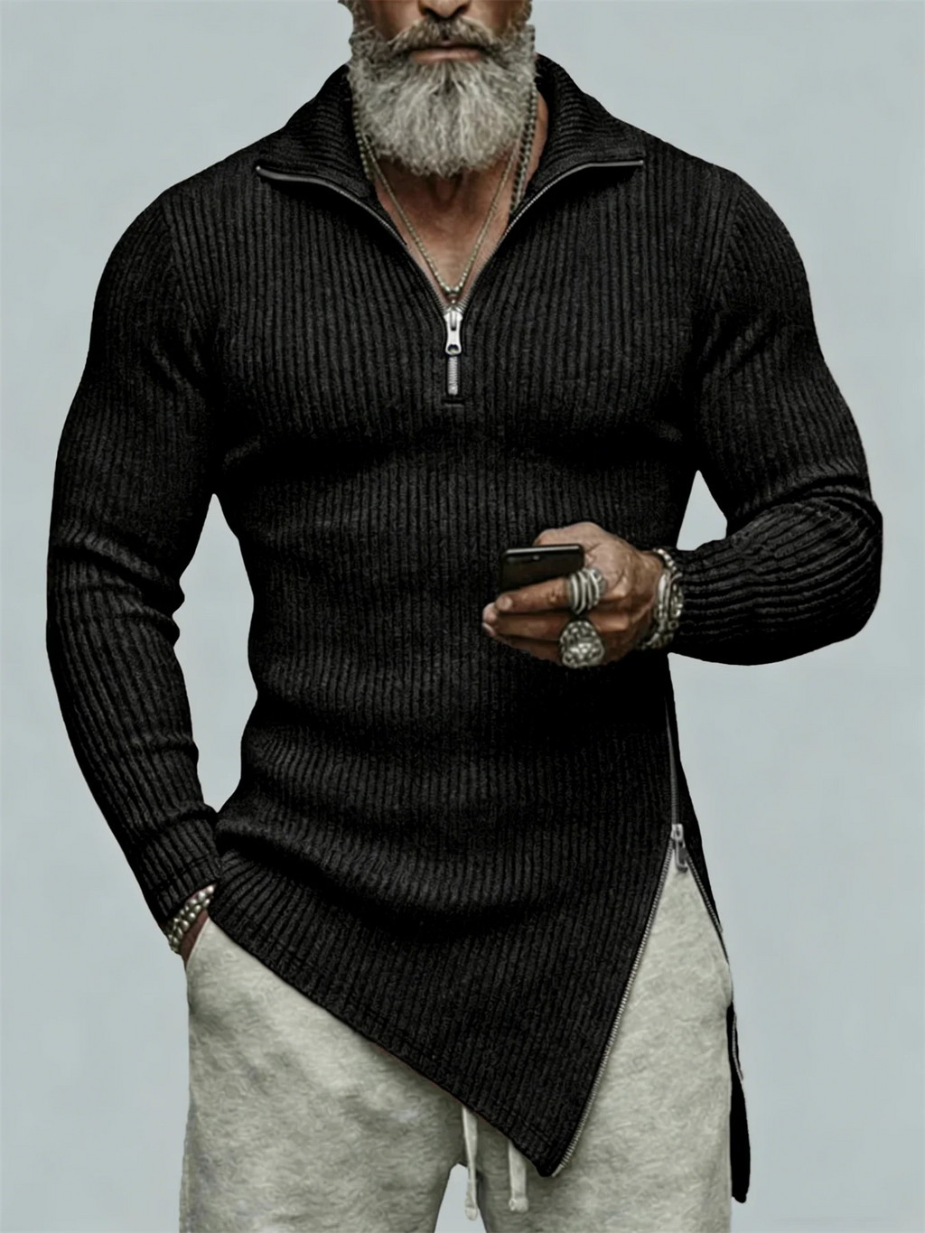 Autumn, men's quarter-zip T-shirt, slim-fit sweater, stand-collar sweater, casual long-sleeve T-shirt, warm base layer top