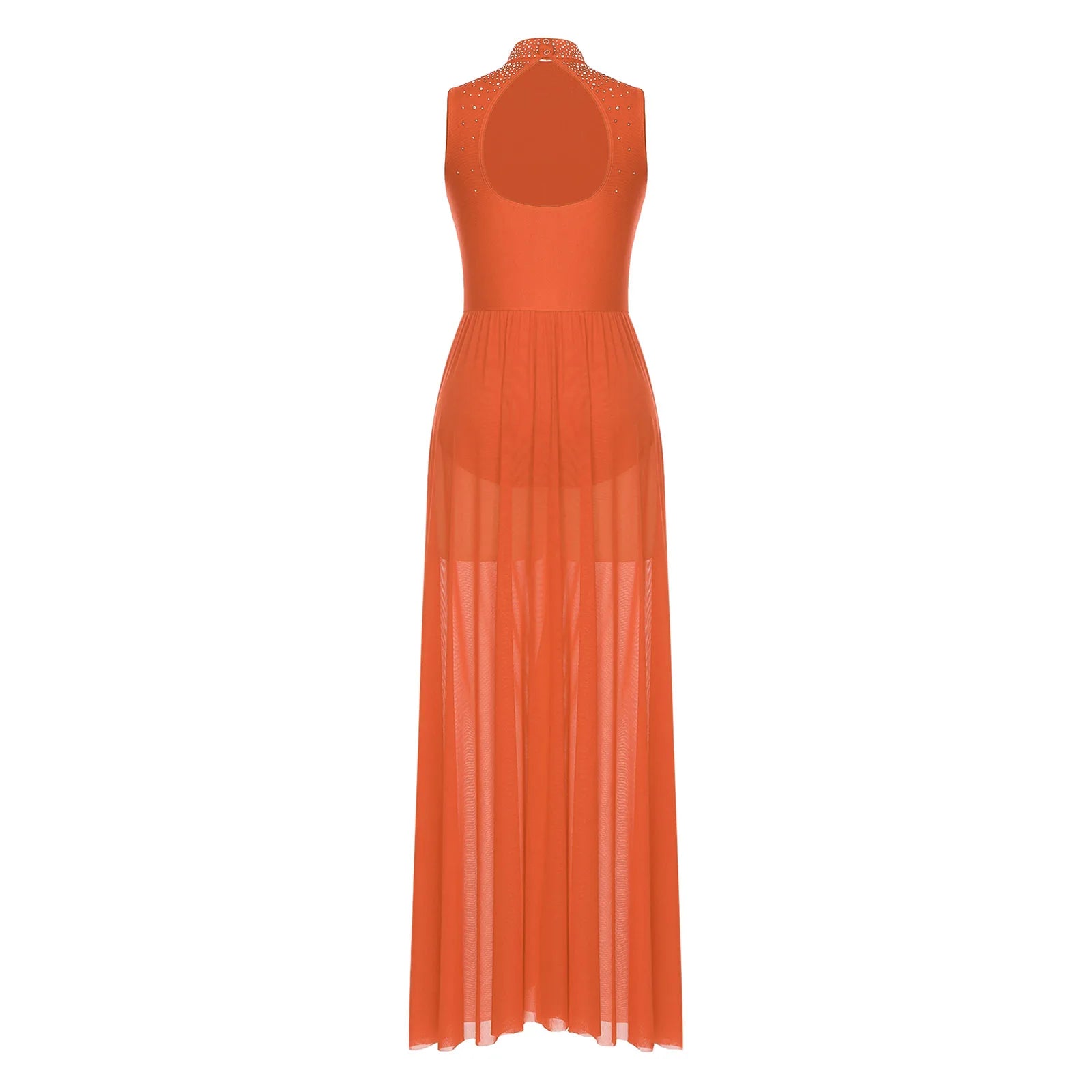 Womens Lyrical Dance Dresses Mock Neck Wide Hemline Shiny Rhinestones Maxi Dress Sleeveless Modern Contemporary Leotard Dresses
