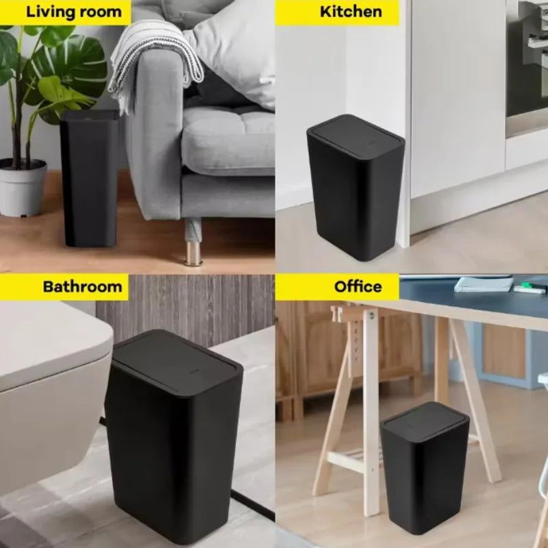 10L Small Black Bathroom Trash Can with Pop Up Lid Compact Plastic Garbage Bin For Cleaning Kitchen Food And Meal Residue