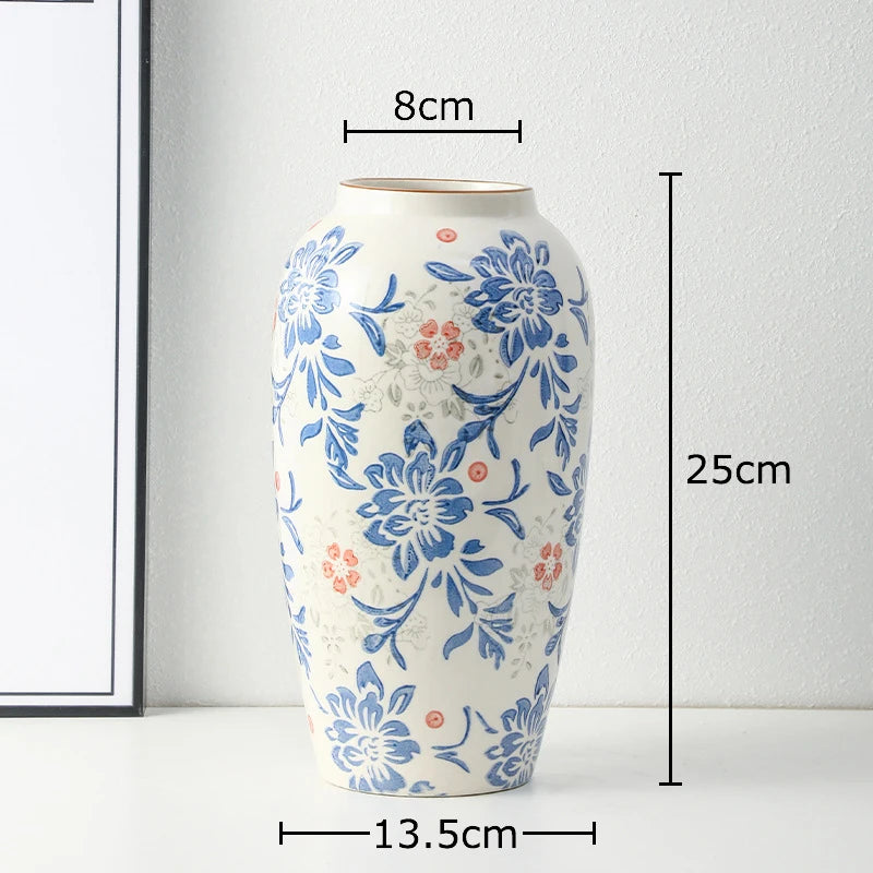 Red and White Porcelain Vase Elegant Classical Flowers Pot