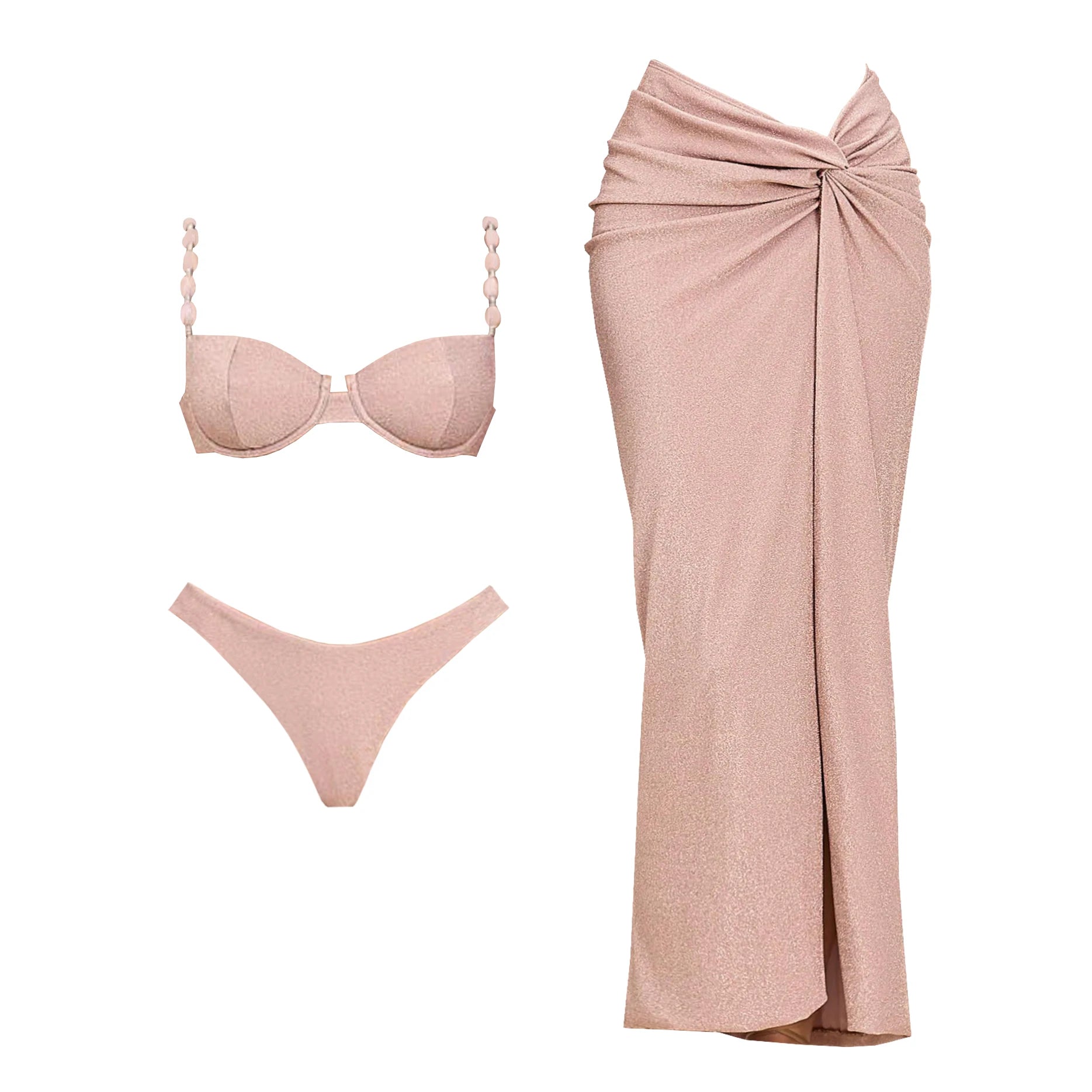 3Pcs Push Up Swimsuit With Long Skirt Sexy Women Swimwear Female Bikini V Neck Swimming Suit Shiny Bodysuit Beachwear Cover Up