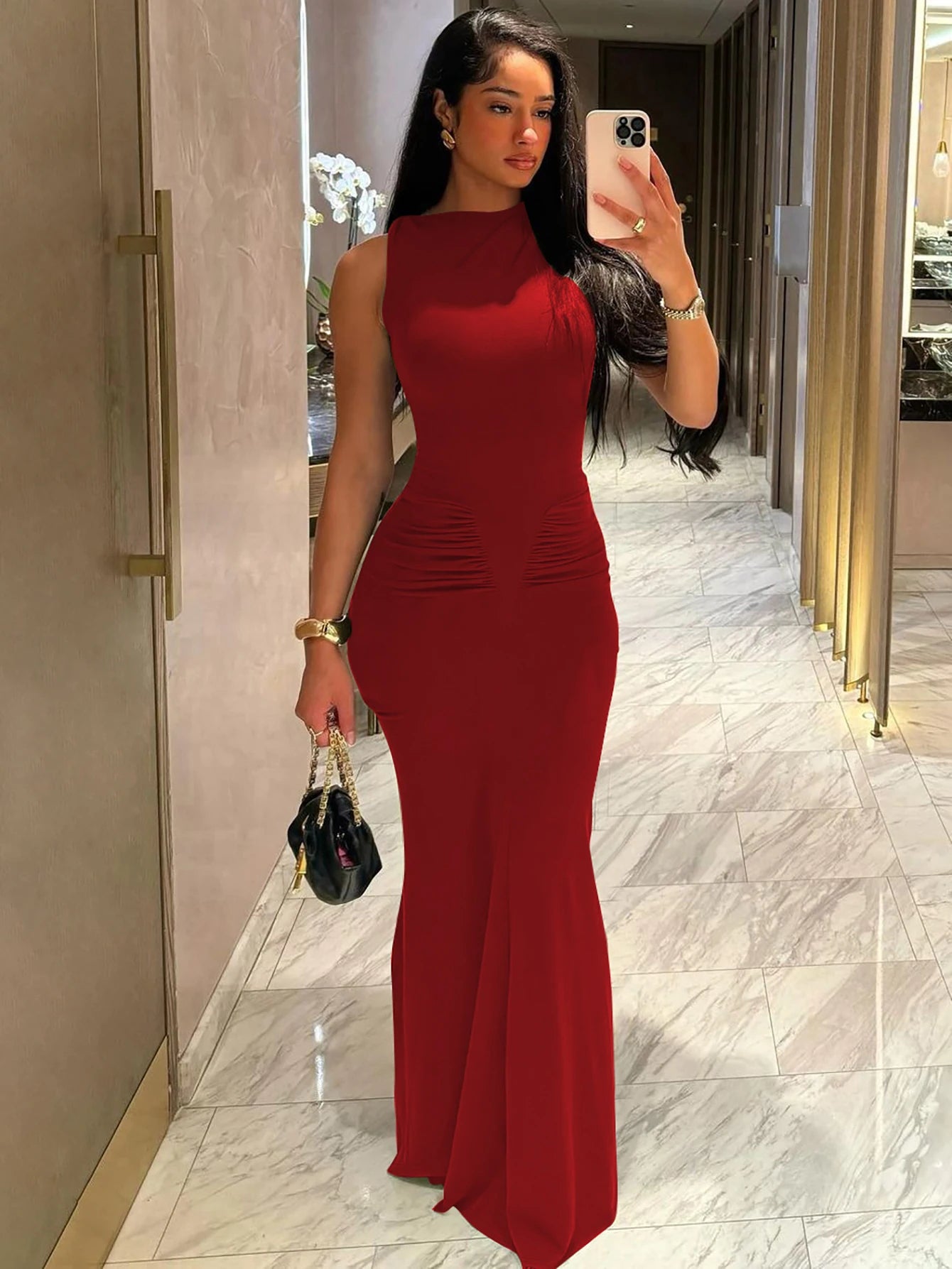 Dulzura Elegant Long Dress Ruched Bodycon Sleeveless Solid Dresses Lady Cocktail Party Wedding Guest Formal Women Clothes 2024