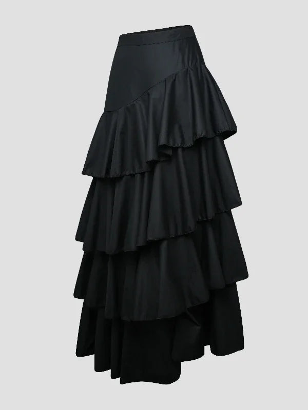 Women's Midi Skirts Summer Autumn Falbala Swing Party A-Line Classic Vintage Skirt for Lady High Waisted Long Skirts Black White