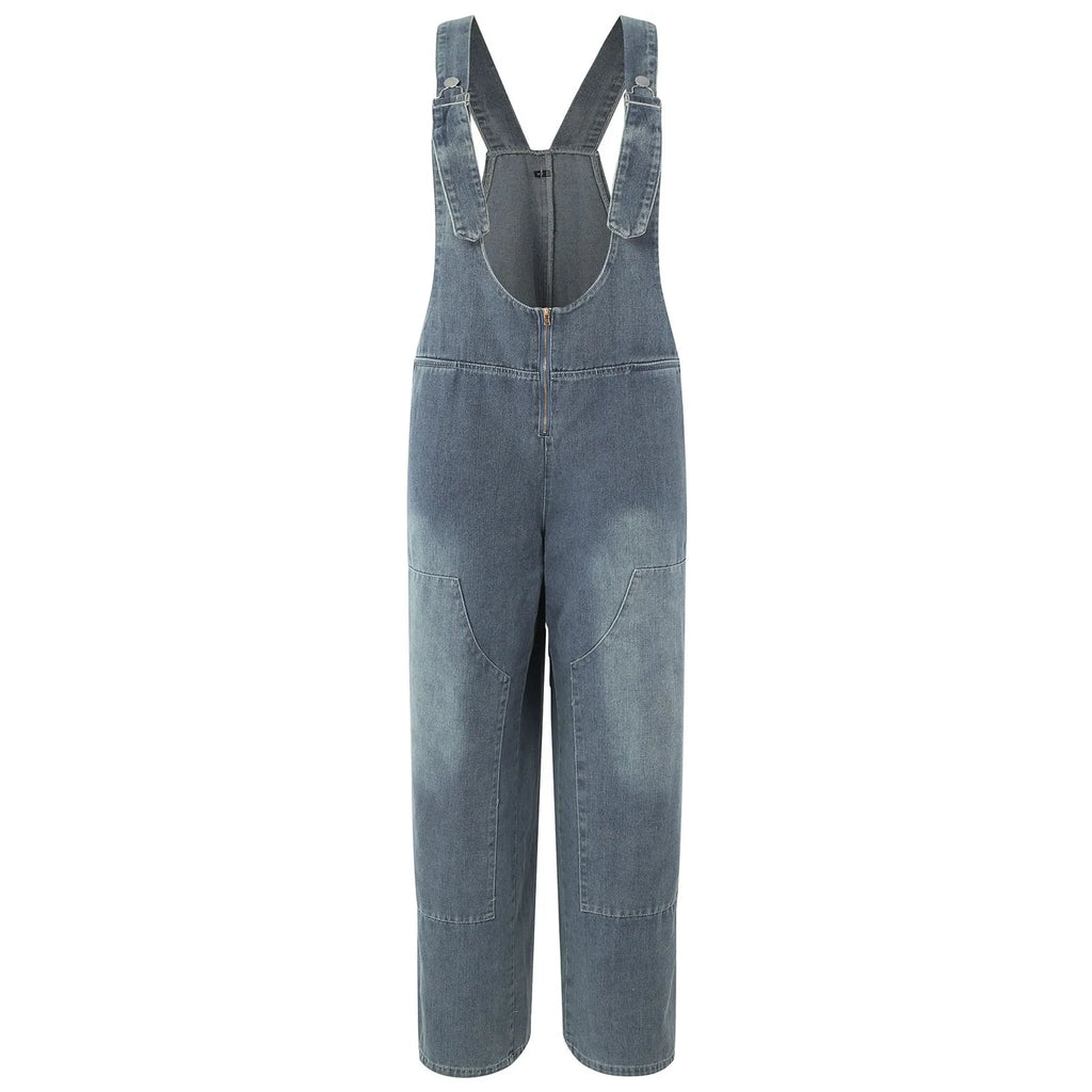 Women Adjustable Straps Loose Straight Wide Leg Jeans Dress Romper