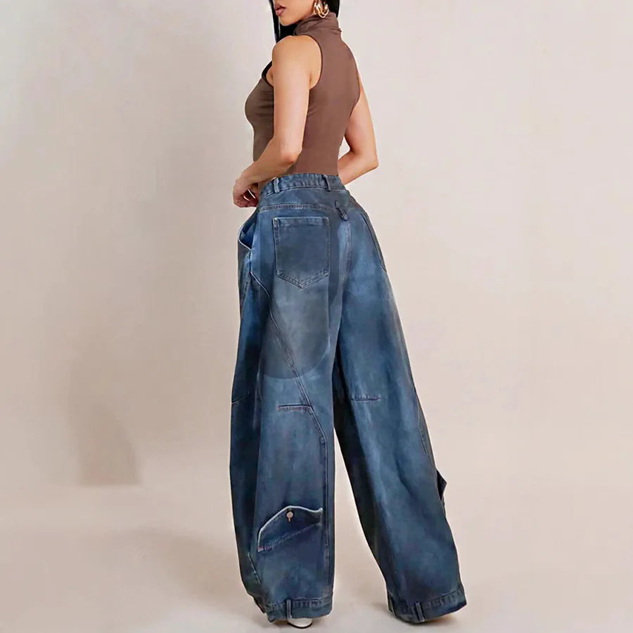 Wide Leg Pants Women Vintage Denim Jeans Punk Style Loose Trousers Stretch Mid Waist Washed Distressed 2026 Mom Streetwear