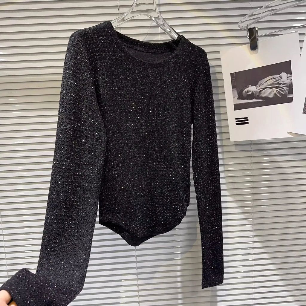 Fat people oversized wear 300 catties fashion rhinestone diamond bright silk curved edge women's long-sleeved T-shirt
