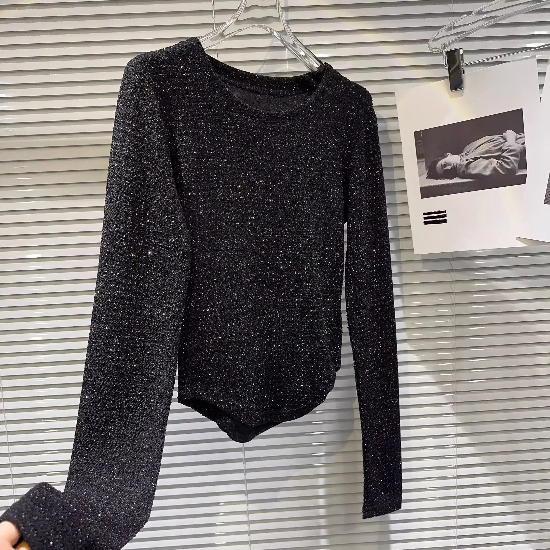 Fat people oversized wear 300 catties fashion rhinestone diamond bright silk curved edge women's long-sleeved T-shirt