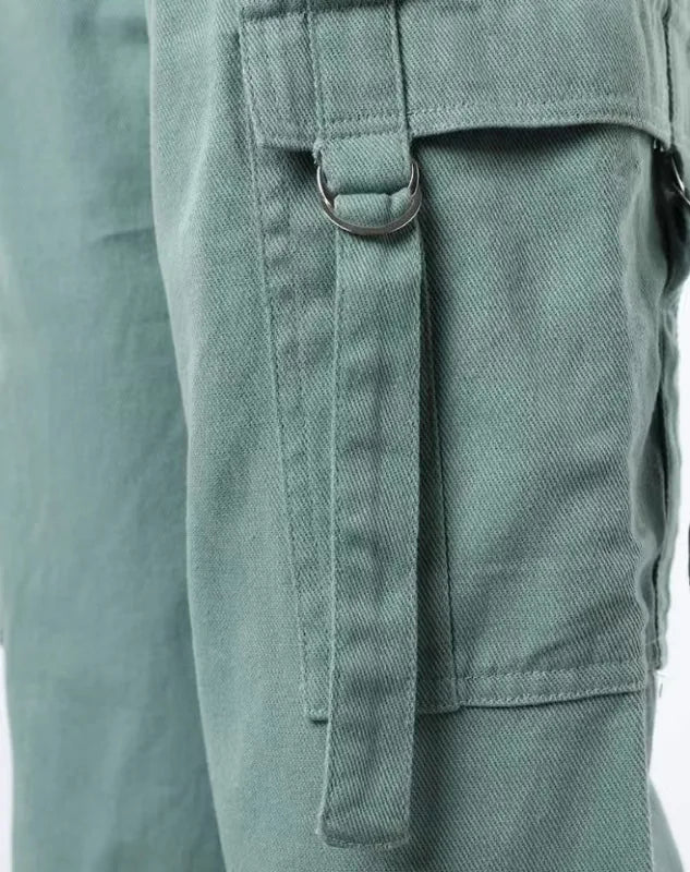 Fashion Retro Overalls Pants Multi-Pocket Casual Straight Pants High Street Women's Wide-Legged High Waisted Long Trousers