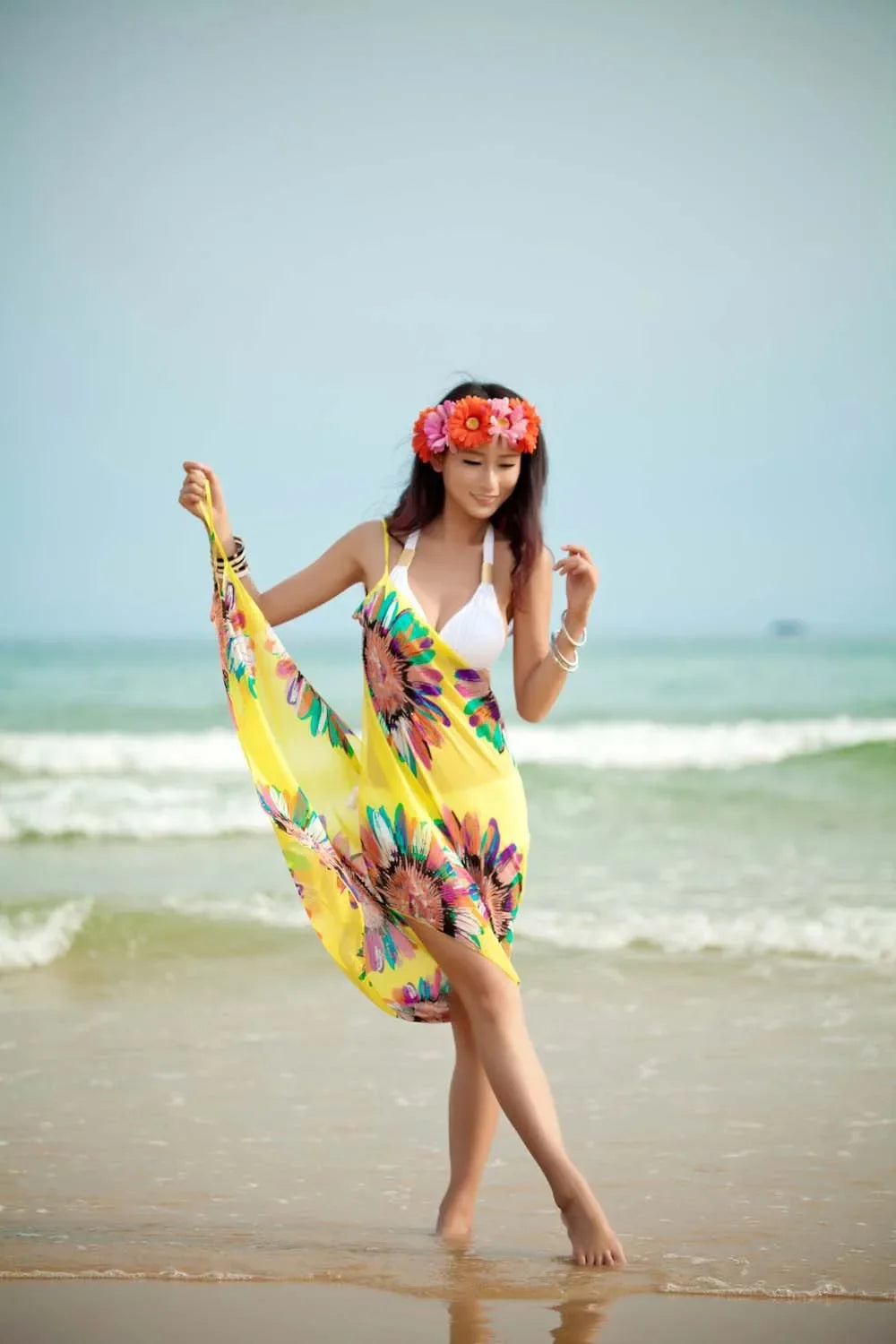 Printed Cover-ups Sexy Beach Dress Women Halter Sling Chiffon Beach Towel Bikini Wrap Pareo Skirts Open-Back Swimwear