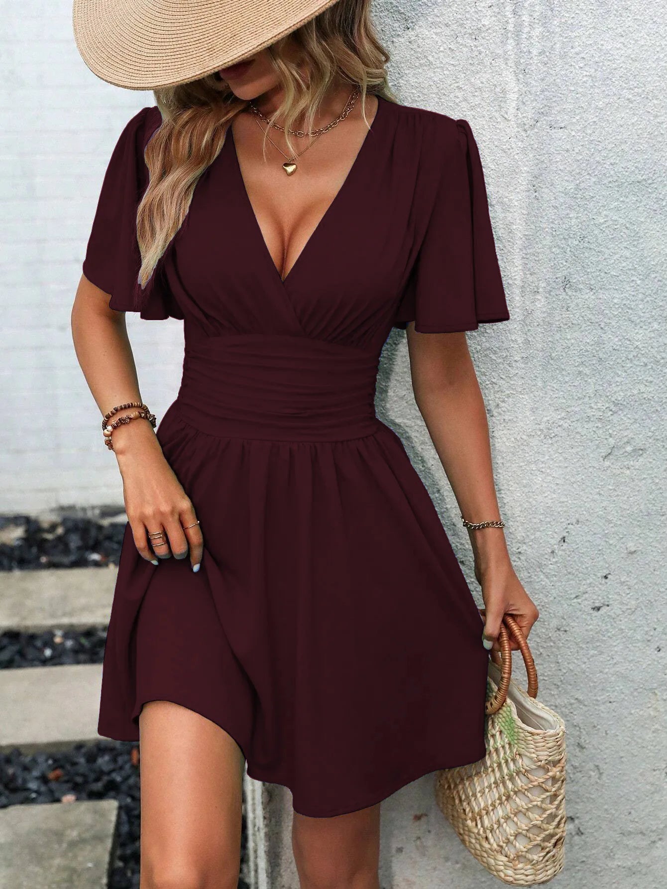 Woman Summer V-Neck Ruffled Sleeve Solid Color Dress Woman Clothing Tops Skirts Y2k Clothes
