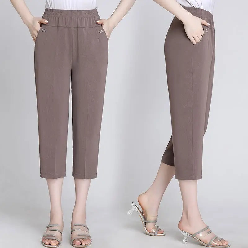 Office Lady Vintage Loose Straight Pants Spring Summer Thin Women Streetwear Fashion Casual Elastic High Waist Cropped Trousers