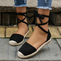 Women Sandals Summer Fashion Round Toe Solid Casual Shoes Flat Ankle Lace Up Rattan Straw Sole Roman Sandals Designer Sandals