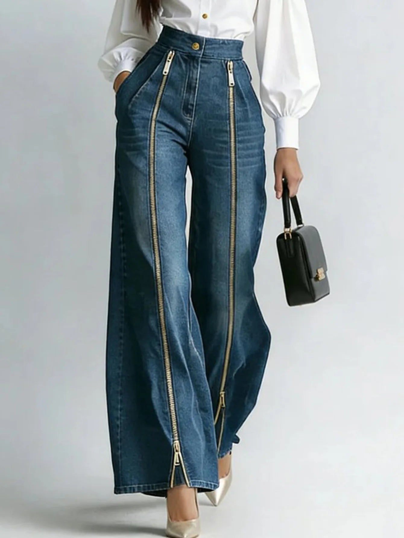 High Waist Gold Zipper Wide Leg Jeans Straight Leg Loose Denim Pant