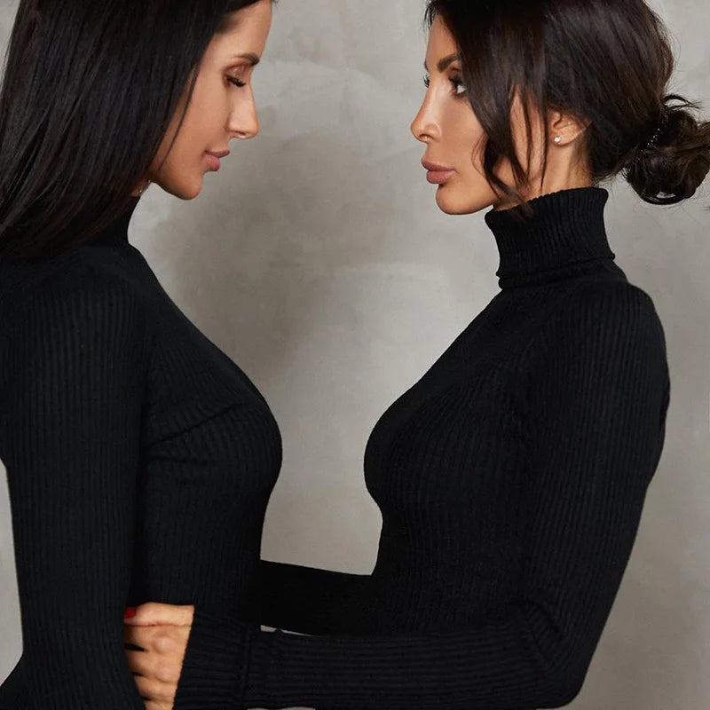 Sexy Turtleneck Knitted Bodycon Dress Women Autumn Winter Long Sleeve Sweater Dress