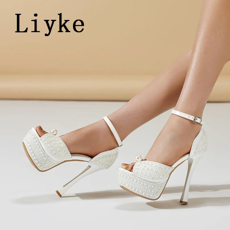 Liyke Sexy Black White High Heels Platform Sandals Women Summer Fashion Design Pearl Peep Toe Wedding Prom Shoe Zapatos De Mujer
