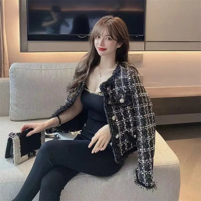 Luxury Tweed Jacket Women Coat Long Sleeve Tweed Blazer Crop Jacket Short Tops Plaid Pockets Office Ladies Clothing New