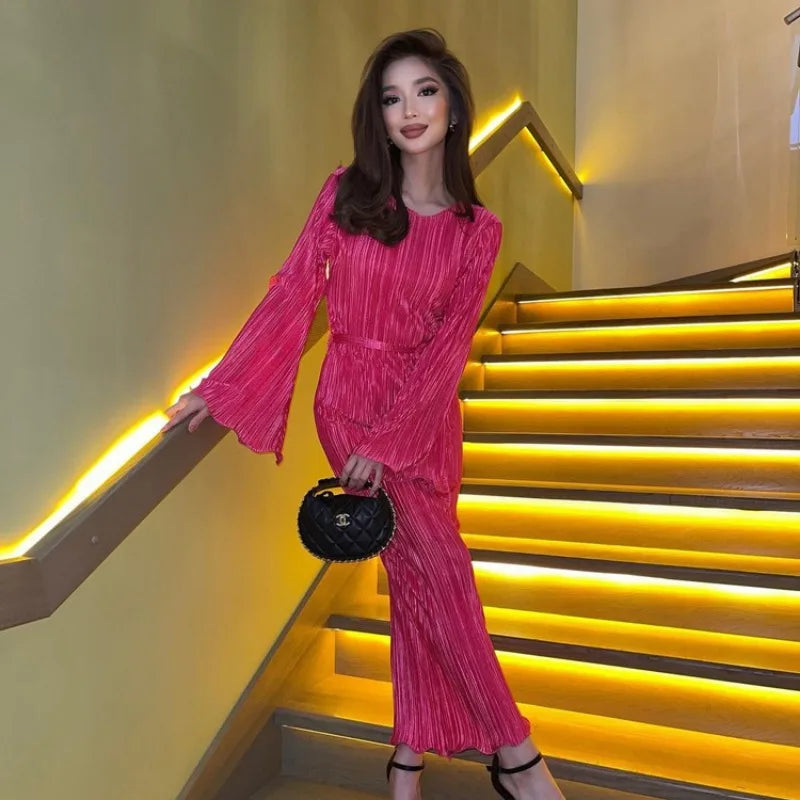 Autumn Winter Party Dress for Women 2025 Y2K INS Elegant Fashion Long Sleeve O Neck Lace Up Folds Evening Graduation Long Dress