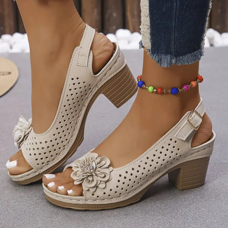 Women's Chunky platform sandal - Elegant red Floral accent, Breathable Open-Toe Shoes with Hook-and-Loop Closure casual Footwear