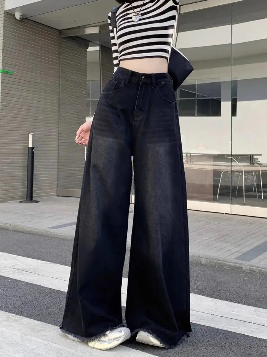 Elegant Chic American Vintage Black Wide Leg Jeans
