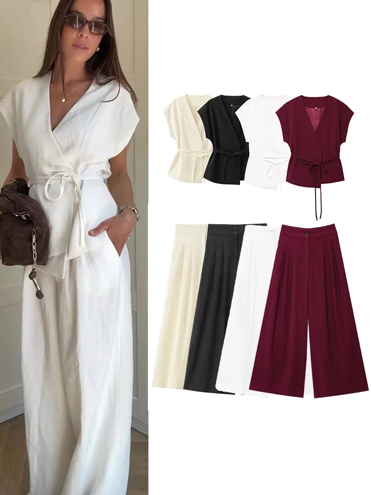 TFMLN Fashion Women's Trouser Suits Sleeveless V-Neck Top With Belt Straight Pants Sets 2025 Spring Summer Commuter 2 Piece Set