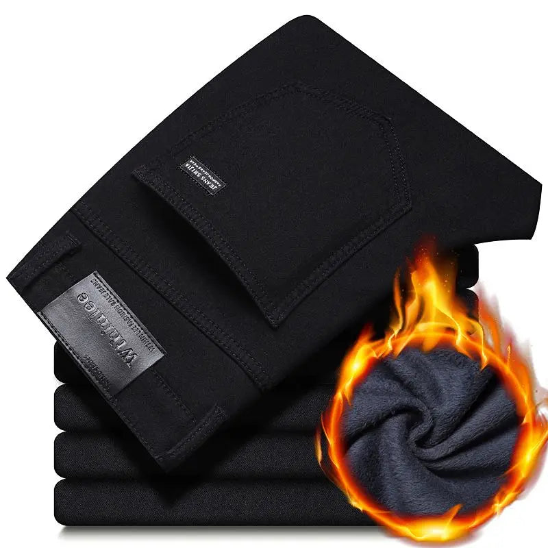 Wthinlee New Business Men's Jeans fleece Casual Straight Stretch Fashion Classic Blue Black Work Denim Trousers Male  Clothing