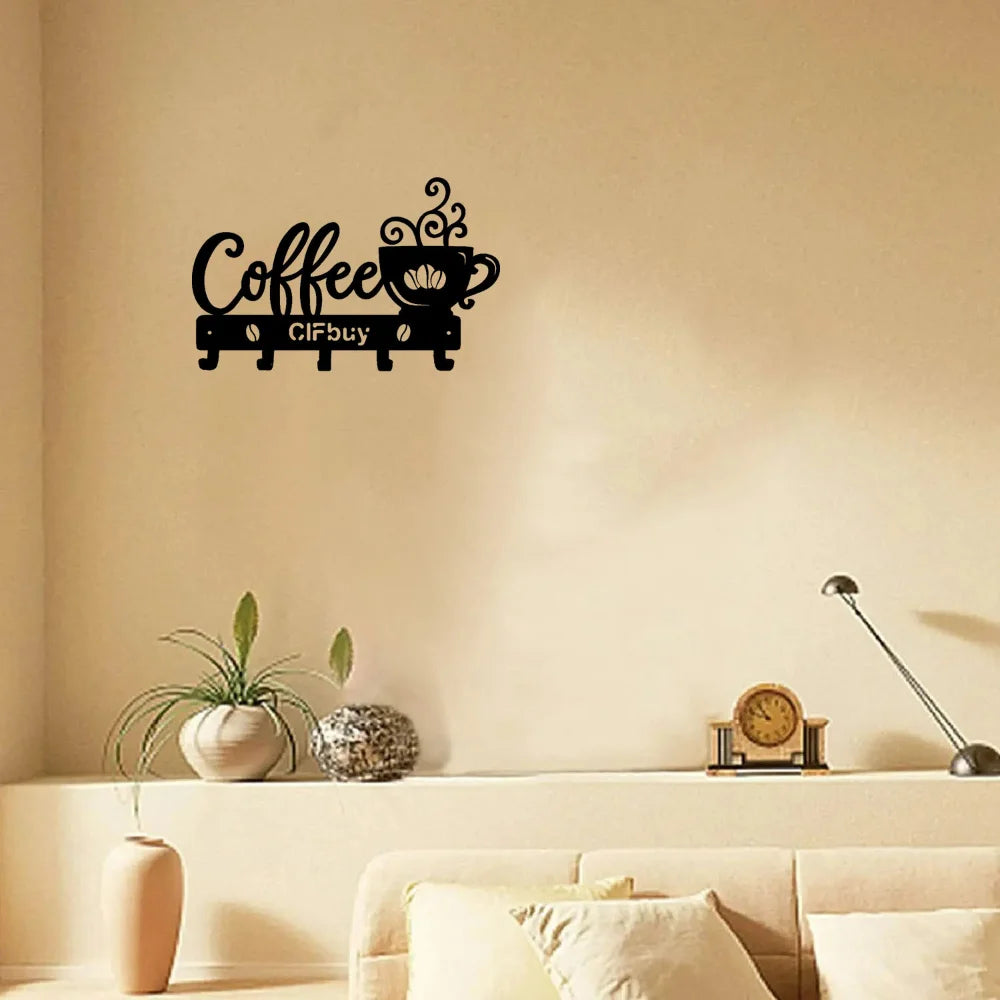 Coffee Bar Decor Rustic Metal Wall Art with Coffee Mug Sign and Hooks