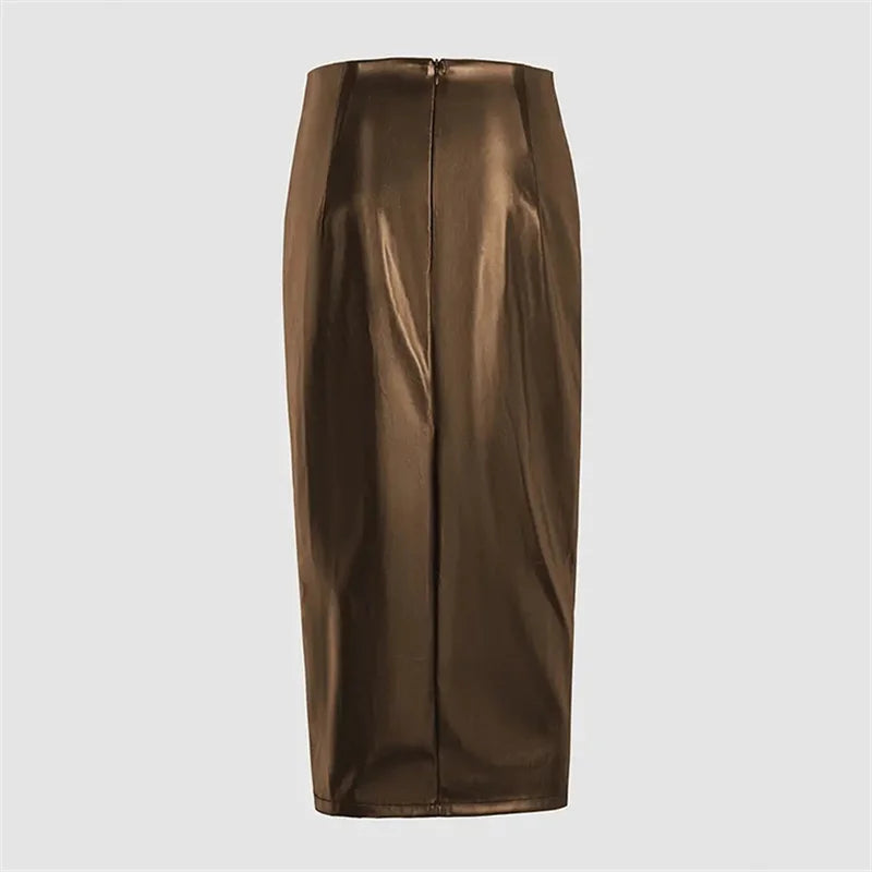 Y.KUKU Sexy PU Skirts For Women Fashion Black Drawstring Midi Skirt Streetwear High Waist Women Clothing Saia Faldas Femme
