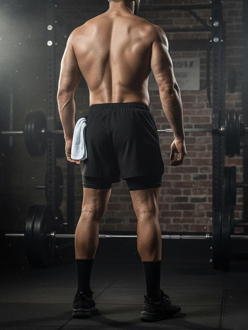 Men's 2 in 1 Running Workout Short with Phone Pocket Towel Loop Gym Athletic Quick Dry Stretchy Performance Shorts Activewear