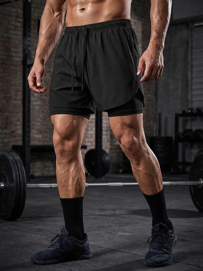 Men's 2 in 1 Running Workout Short with Phone Pocket Towel Loop Gym Athletic Quick Dry Stretchy Performance Shorts Activewear