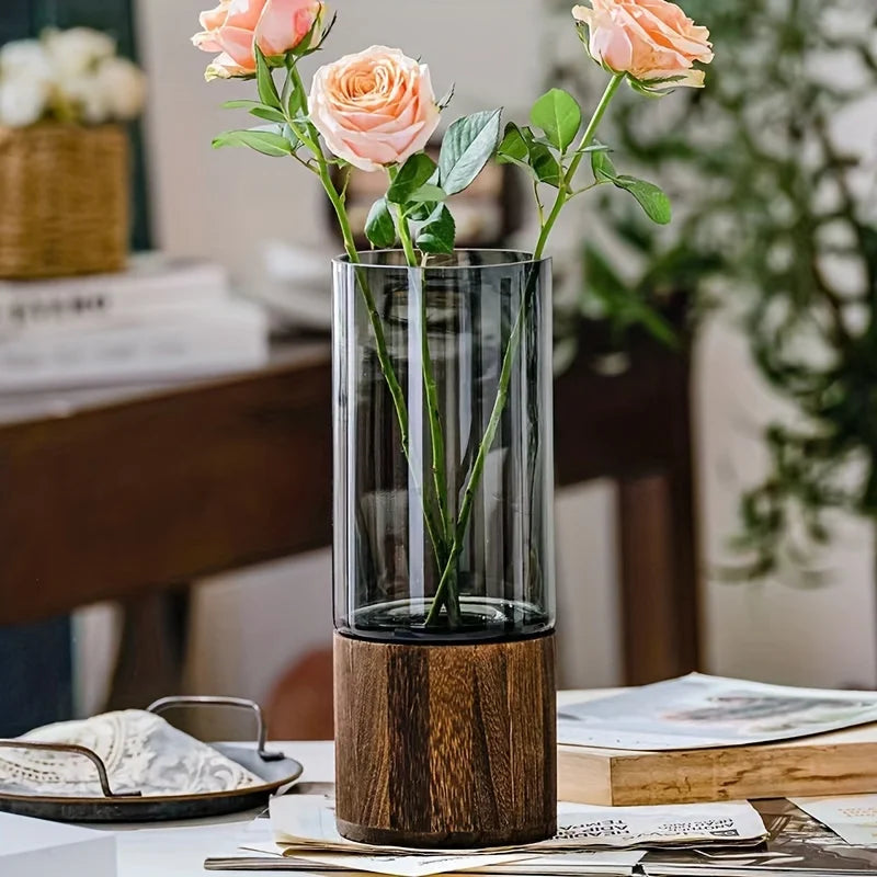 Elegant Glass Vase with Wooden Base for Hydroponic Plants
