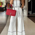 Spring/Summer New Elegant Sexy Contrast Color Trim Halter One-Shoulder Wide Leg Pants Dress for Party Vacation