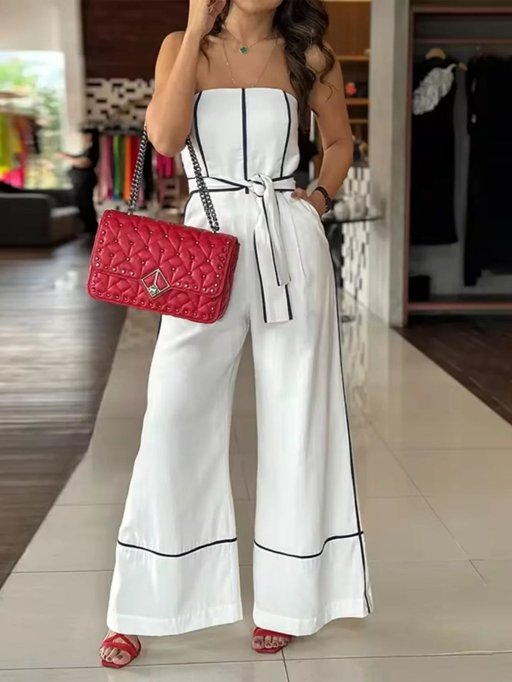 Spring/Summer New Elegant Sexy Contrast Color Trim Halter One-Shoulder Wide Leg Pants Dress for Party Vacation