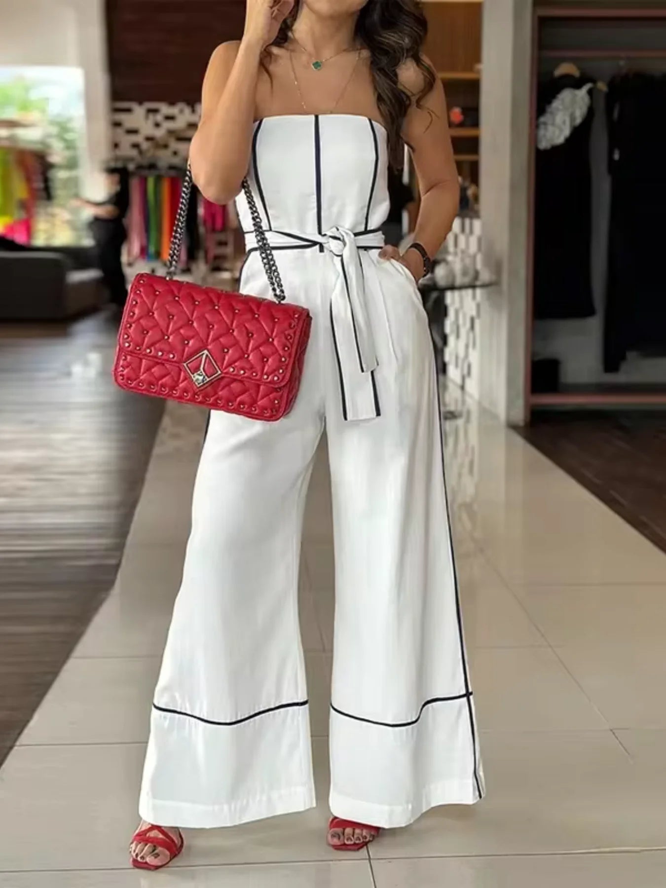 Spring/Summer New Elegant Sexy Contrast Color Trim Halter One-Shoulder Wide Leg Pants Dress for Party Vacation