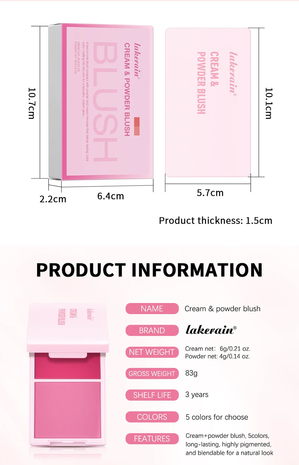 Cream & Powder Blush Matte 5Colors Dewy Rosy Blush Makeup Pan Long-lasting Wearing High Pigment Natural Matte Blush Cosmtics