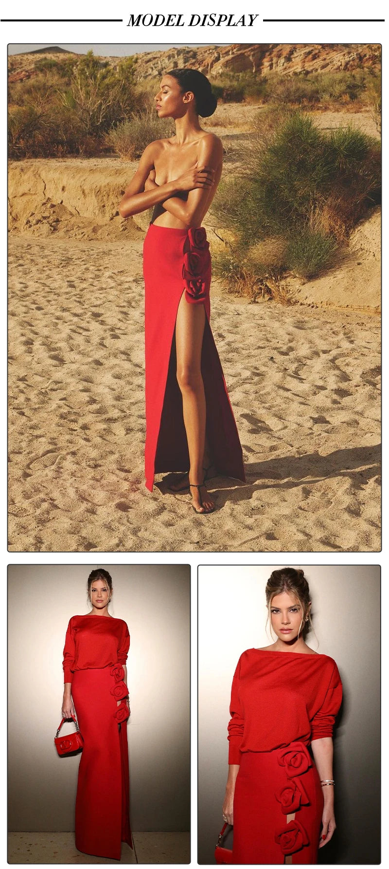 VC Skirts For Women Christmas Party Wear Pretty 3D Flowers Decoration Red Bandage High Split Sexy Long Skirt